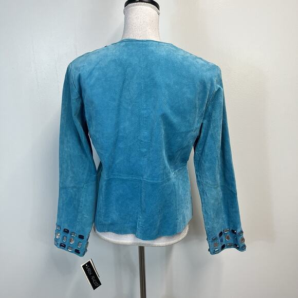 Karen Arnold Jacket Blazer size Large Aqua Agean Green Suede Leather Blue Jewels - Picture 7 of 8